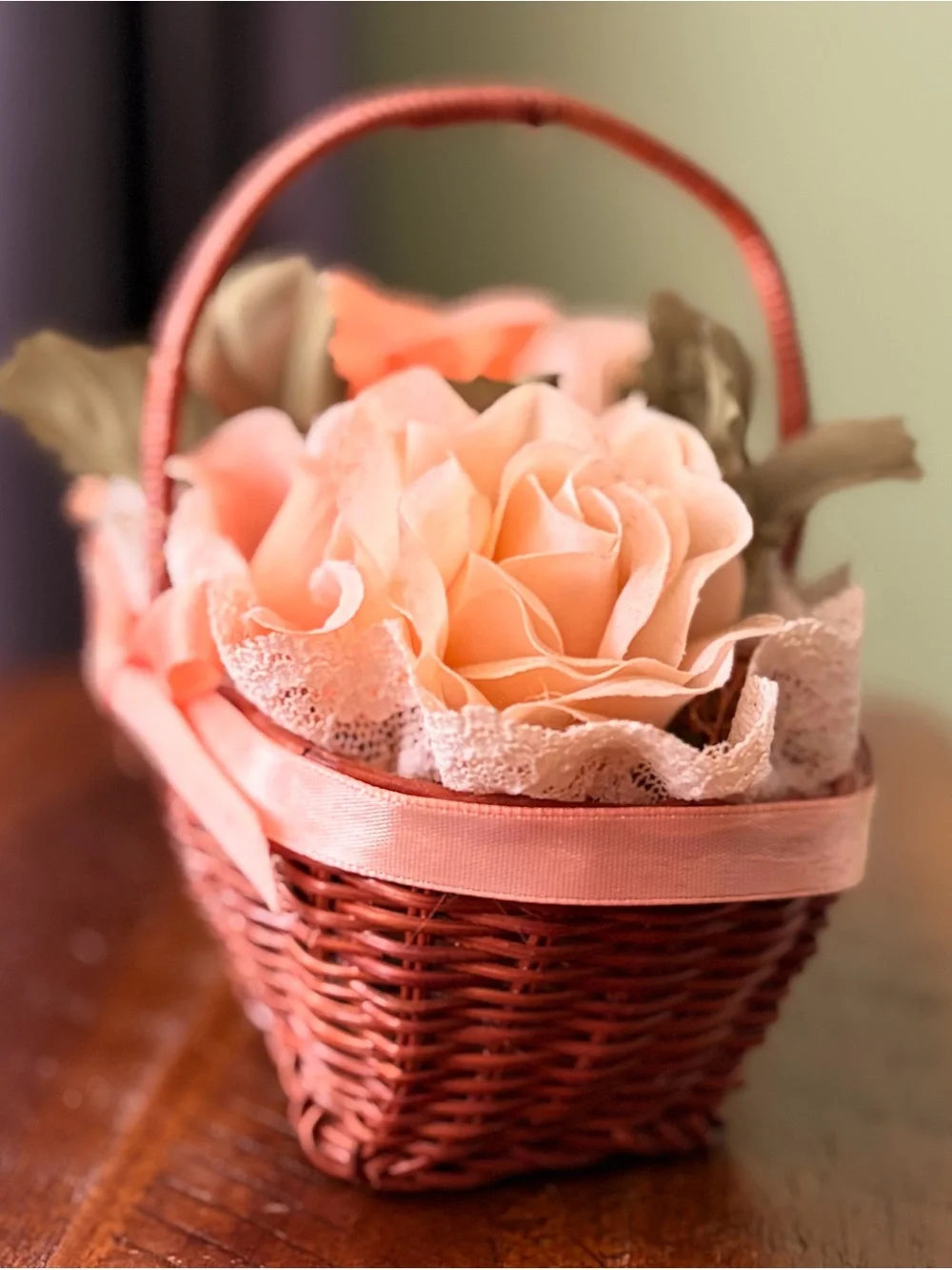 Vintage Handmade Peach Ribbon Wicker Basket with Floral Accent